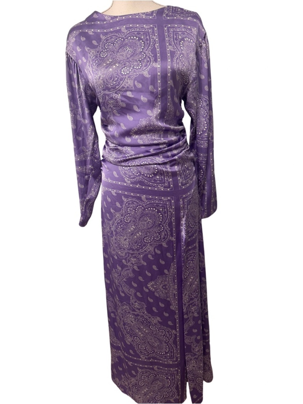 ZARA Lavender White Scarf Printed Satin Maxi Dress SZ Small Paisley NWT